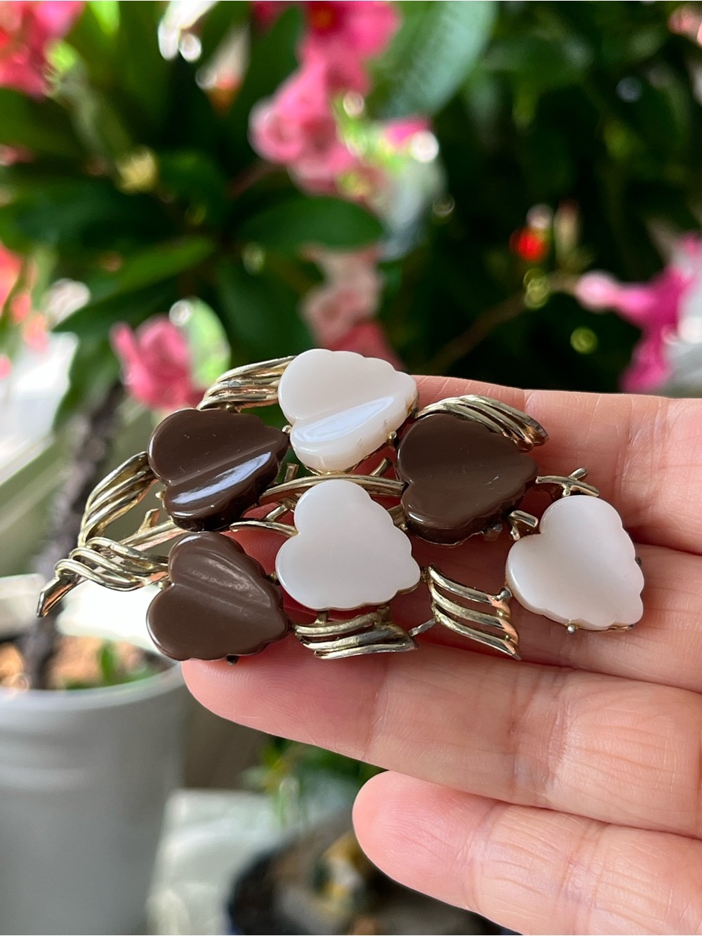 Vintage Signed Coro Gold Tone Brown White Leaf Spray Brooch Pin